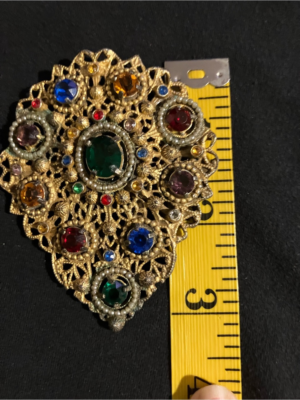 Gold-Tone Multicolor Filigree Statement Brooch / Dress Clip - Picture 6 of 10
